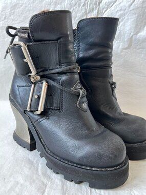 Vintage Destroy boots black leather platform buckles chunky 37 high heel y2k